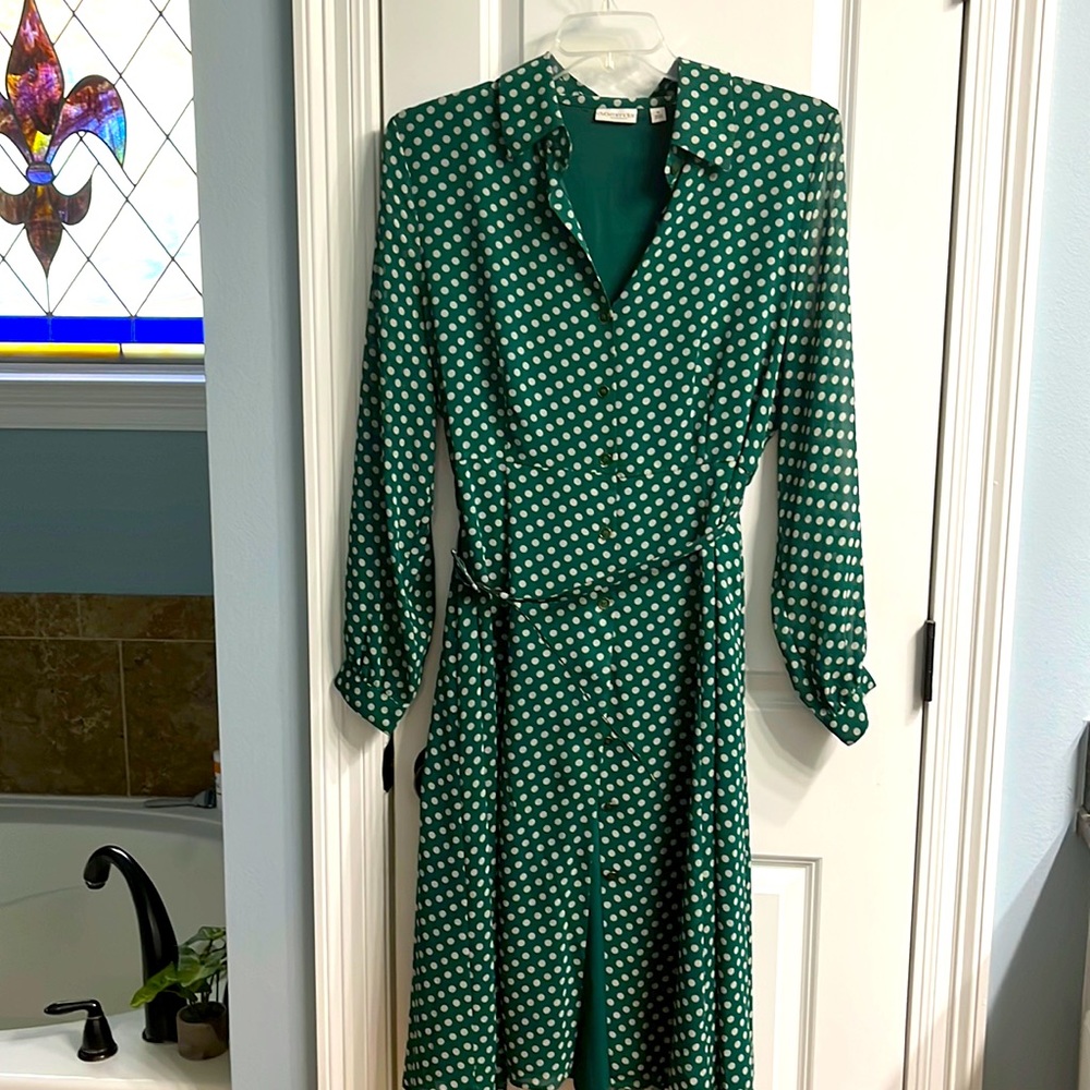 Green and ivory button down belted dress, chiffon over polyester shell
